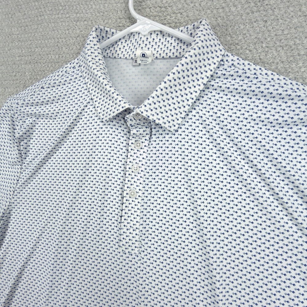 State & Liberty Tech Polo Shirt Mens XL White Blue Geometric Golf Athletic Fit